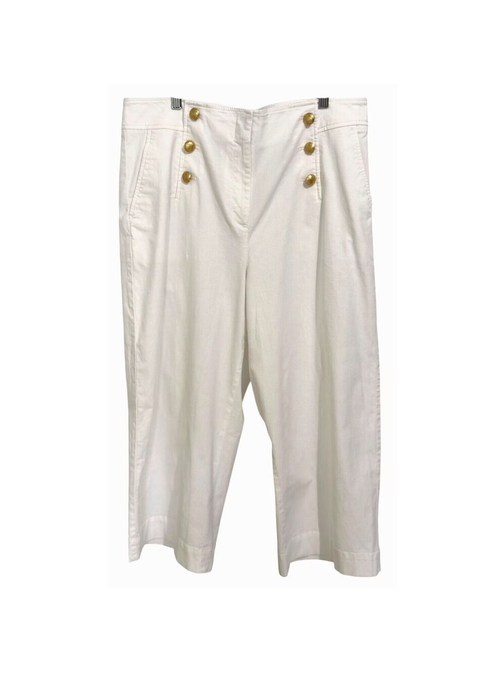 Talbots Womens Cotton Slub Sailor Crop Pants Sz 16 Gold Buttons Wide Leg